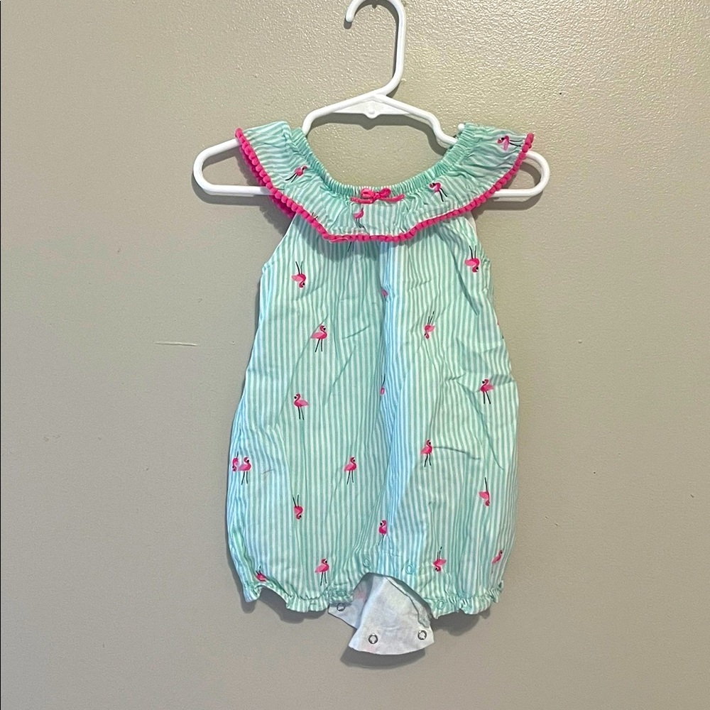 LIKE NEW: Teal and Pink Ruffle Flamingo Romper! Size 12M